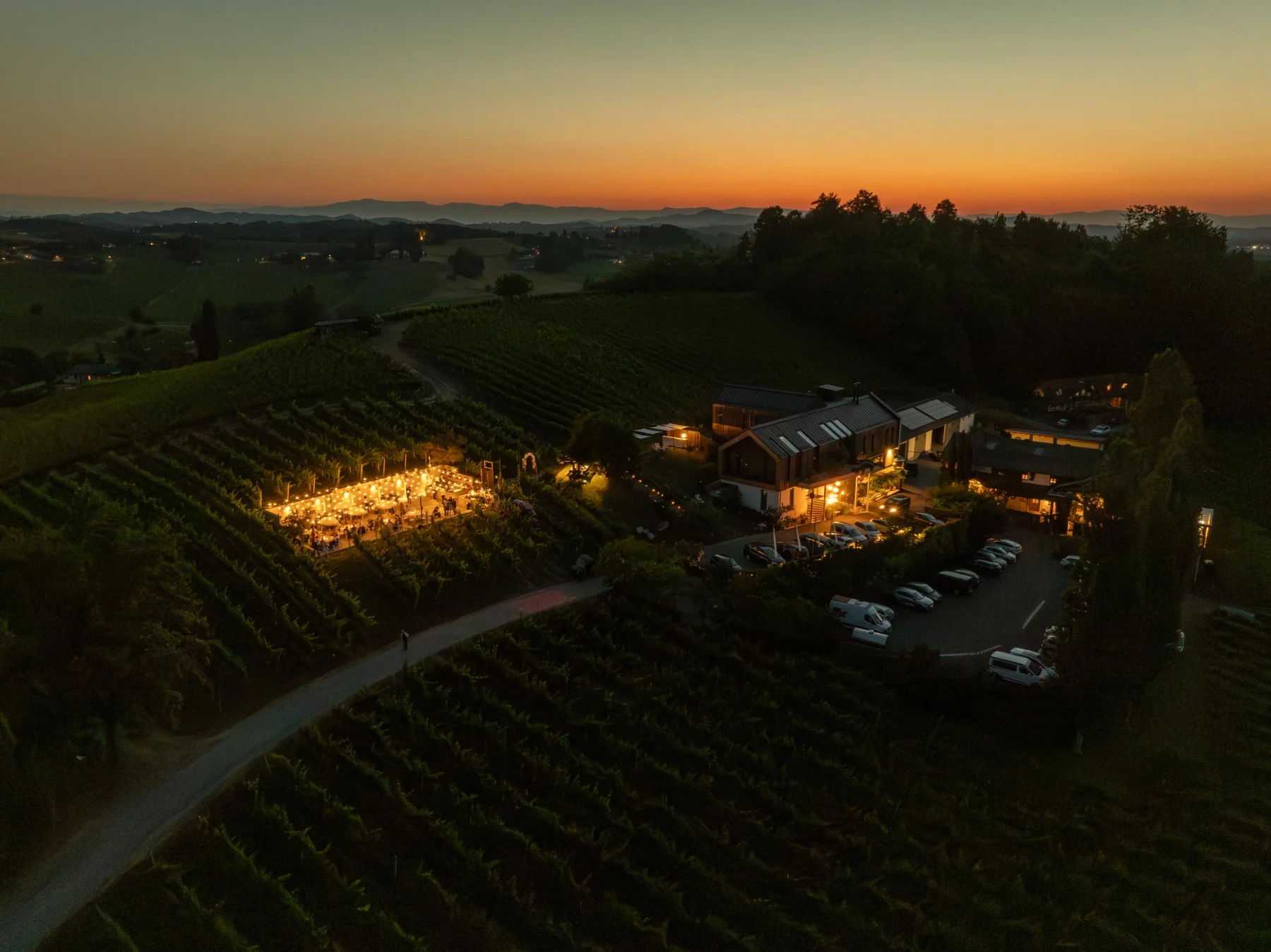 Weingut und Weinberge bei Sonnenuntergang mit festlich beleuchteter Terrasse